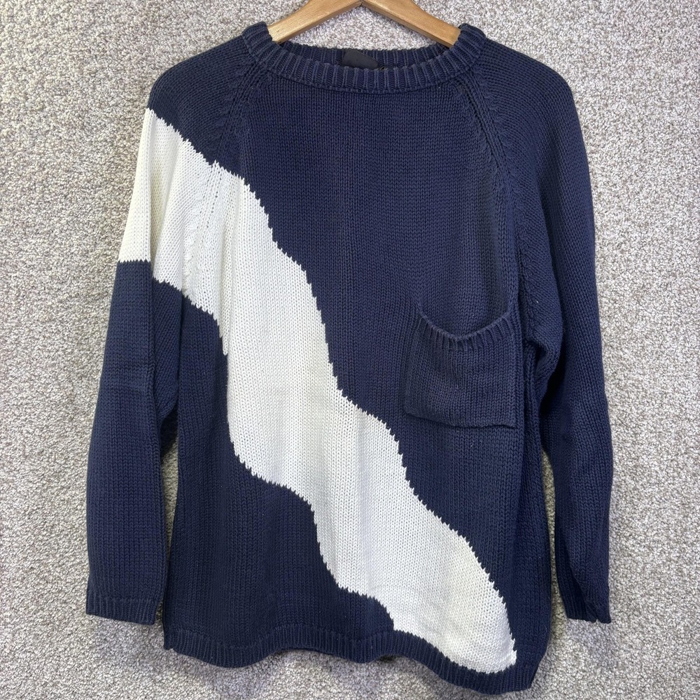 Liz‎ Sport Sweater Womens Small Blue White Geometric Pocket Pullover Crewneck